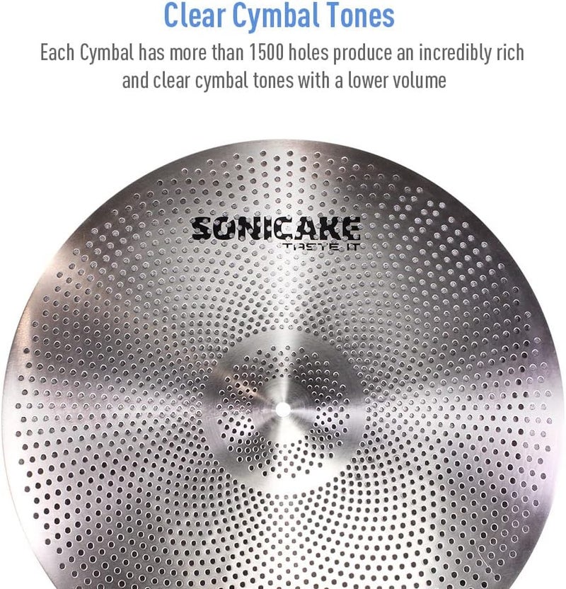 SONICAKE Low Volume Cymbal Pack Quiet Cymbal Set 14" Hi-Hat+16" Crash+18" Crash+20" Ride Cymbal Practice Set of 5pcs Silver - Image 5